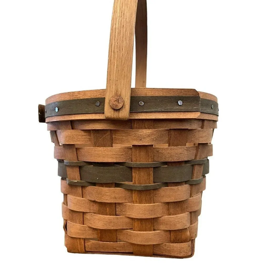 LONGABERGER 1988 Christmas Collection Poinsettia Basket W Handle Green Vintage